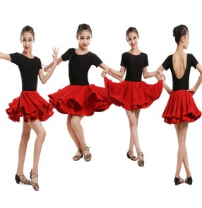 Black red patchwork backless short sleeves girls kid children stage performance big ruffles skirts latin salsa  samba rumba dance dresses outfits costumes